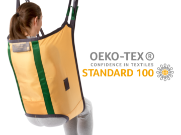 Guldmann løftesejl er certificeret med OEKO-TEX® Standard 100-mærket, hvilket sikrer, at de lever op til strenge sikkerheds- og miljøkrav.